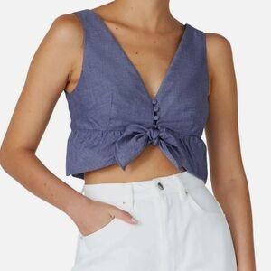 Thakoon Chambray-Style Button Front Tie Crop Top in Slate Blue